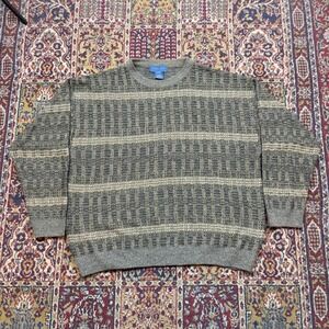 Towncraft Mens XL Knit Sweater Gray Tan Plaid Pattern Crew Neck Long Sleeve‎